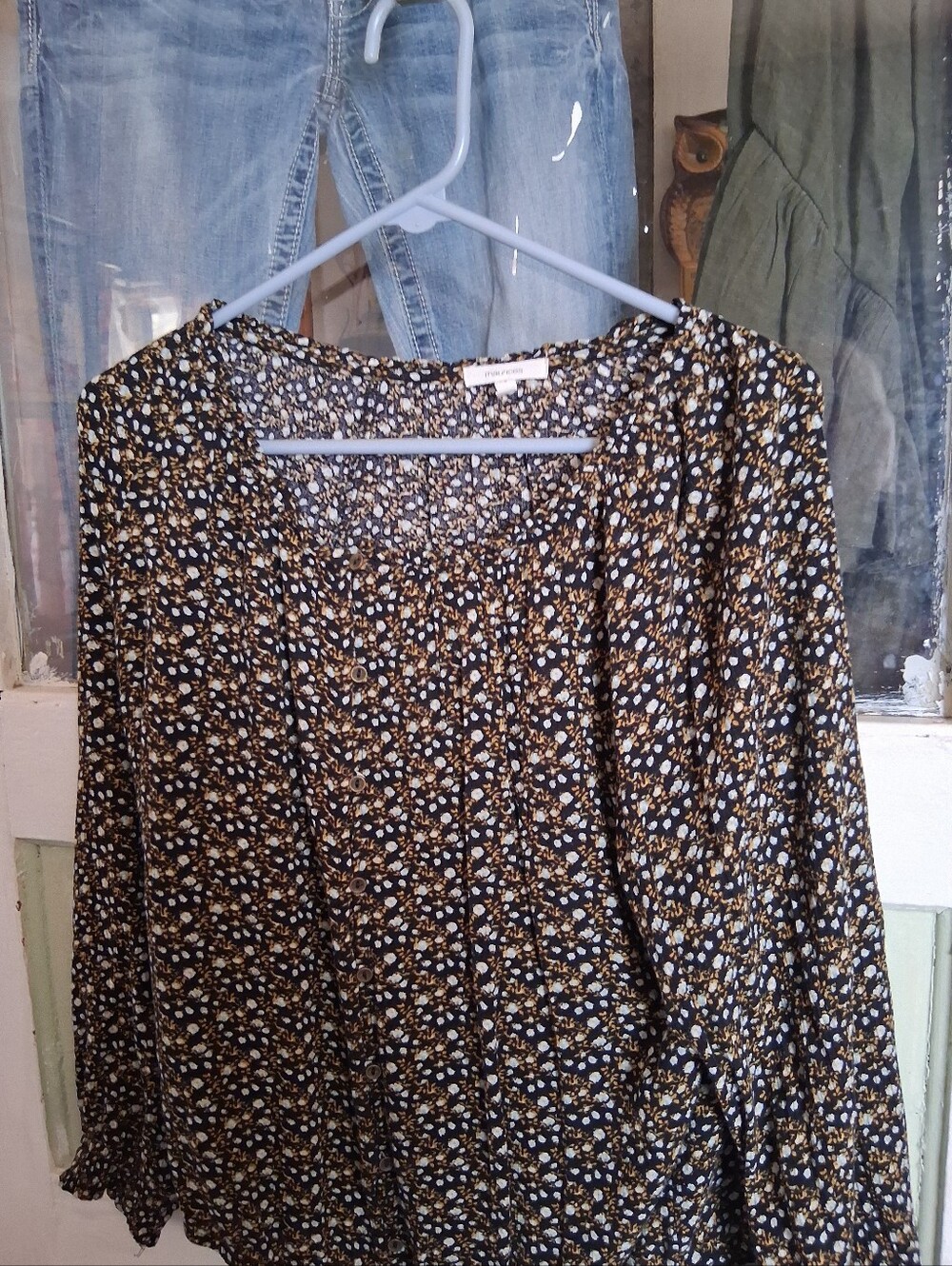 Maurices Black Floral Button-Front Blouse with Cream & Tan Accents